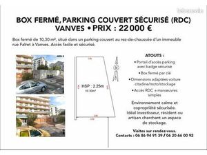 Box fermé  Parking couvert sécurisé (RDC) Vanves • Prix : 22 000