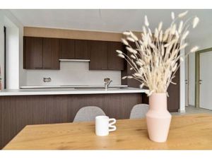 Gelijkvloerse woning met carport en tuin.