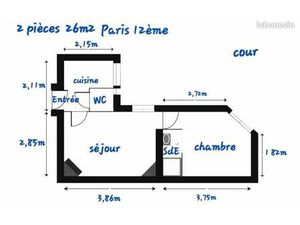 2 pièces 26m2 Paris 12ème