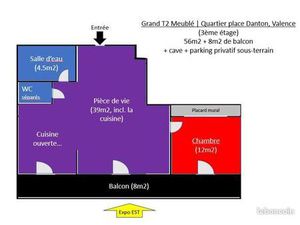 Spacieux T2 meublé de 56m² et balcon de 8m². Secteur Place Danton - Victor Hugo
