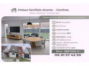 Maison récente 3 ch – Jardin – Quartier calme – DPE B – Comines
