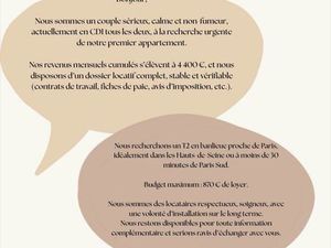 Couple sérieux recherche T2 – secteur Sud de Paris / Hauts-de-Seine