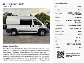 2017 ram promaster 2500 136 in wb high roof cargo van!!